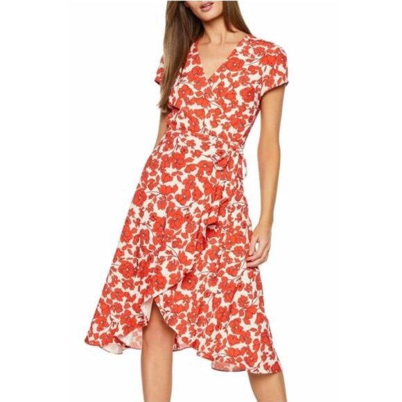 Bardot Dresses & Skirts - Bardot Red & White Fiesta Floral Short Sleeved Faux Wrap Ruffle Feminine Dress
